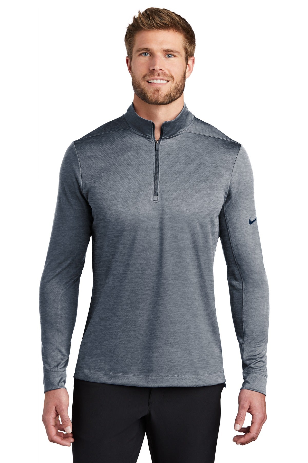 Front View of Navy Heather Nike Dry 1/2-Zip Cover-Up NKBV6044