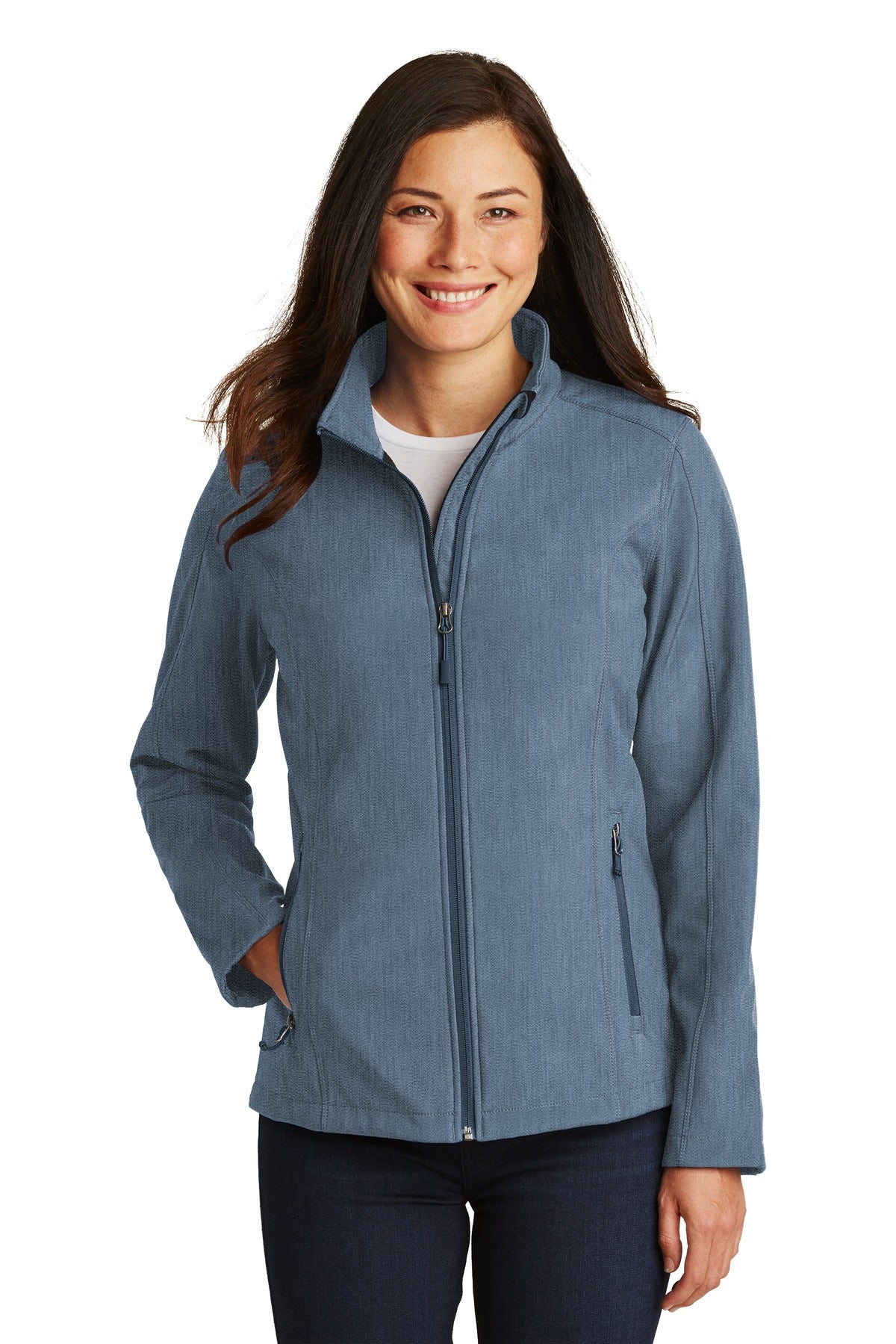 Front View of Navy Heather Port Authority Women's Core Soft Shell Jacket. L317