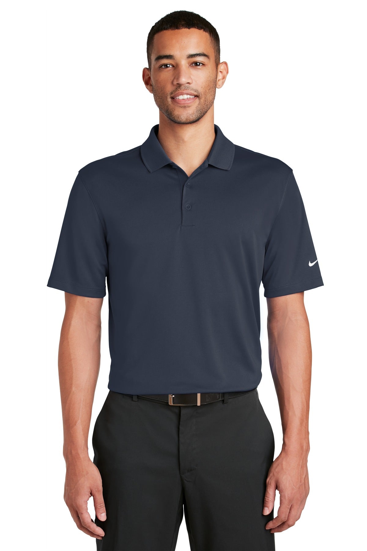 Front View of Navy Nike Dri-FIT Classic Fit Players Polo with Flat Knit Collar. 838956