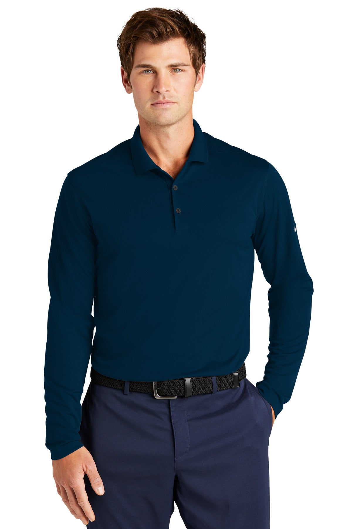 Front View of Navy Nike Dri-FIT Micro Pique 2.0 Long Sleeve Polo NKDC2104