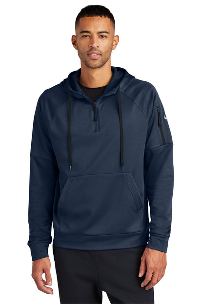 Front View of Navy Nike Therma-FIT Pocket 1/4-Zip Fleece Hoodie NKFD9742