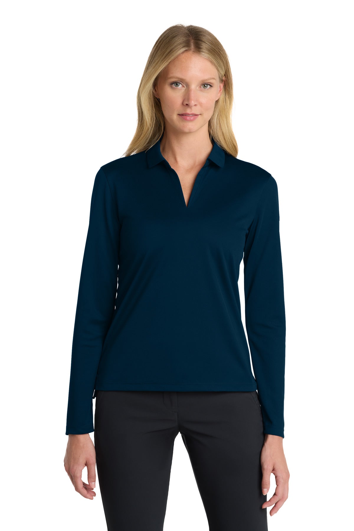 Front View of Navy Nike Women's Dri-FIT Micro Pique 2.0 Long Sleeve Polo NKDC2105