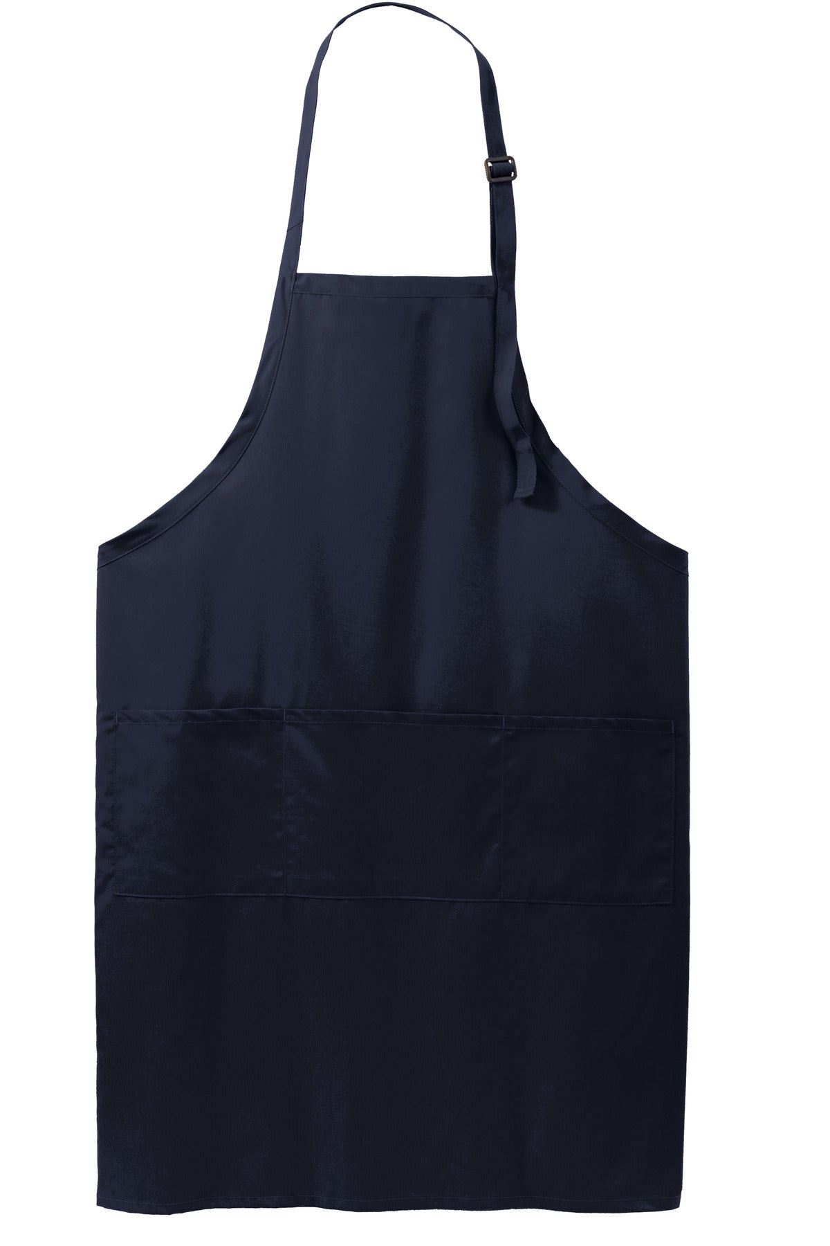 Front View of Navy Port Authority Easy Care Extra Long Bib Apron with Stain Release. A700
