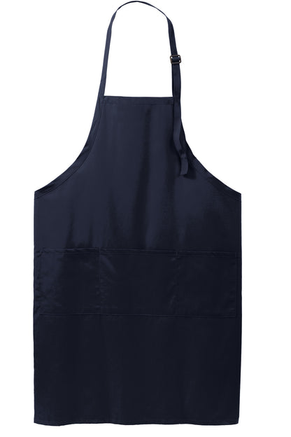 Front View of Navy Port Authority Easy Care Extra Long Bib Apron with Stain Release. A700