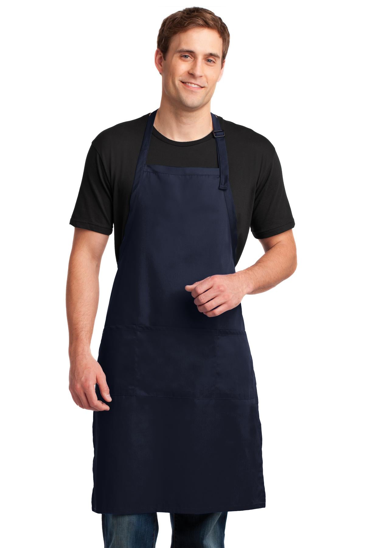 Front View of Navy Port Authority Easy Care Extra Long Bib Apron with Stain Release. A700
