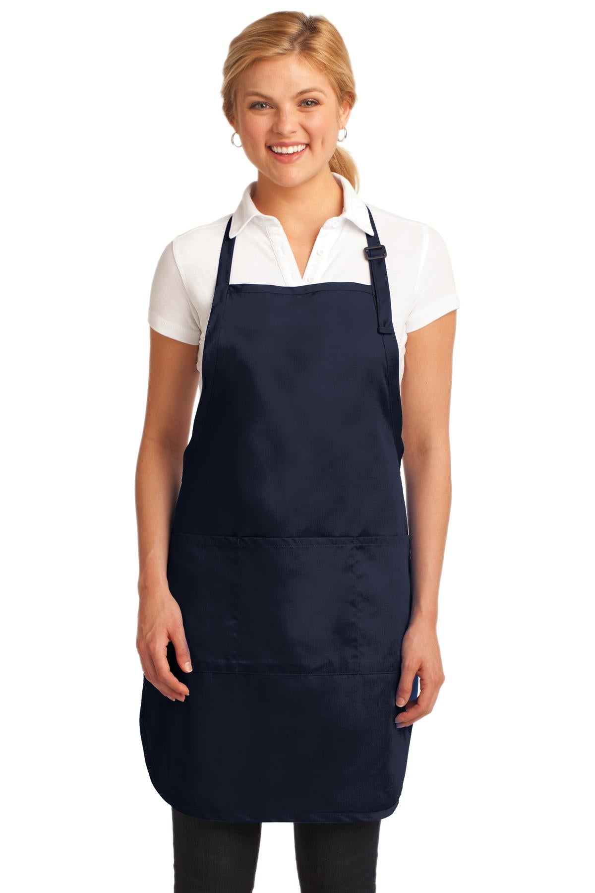 Front View of Navy Port Authority Easy Care Full-Length Apron with Stain Release. A703