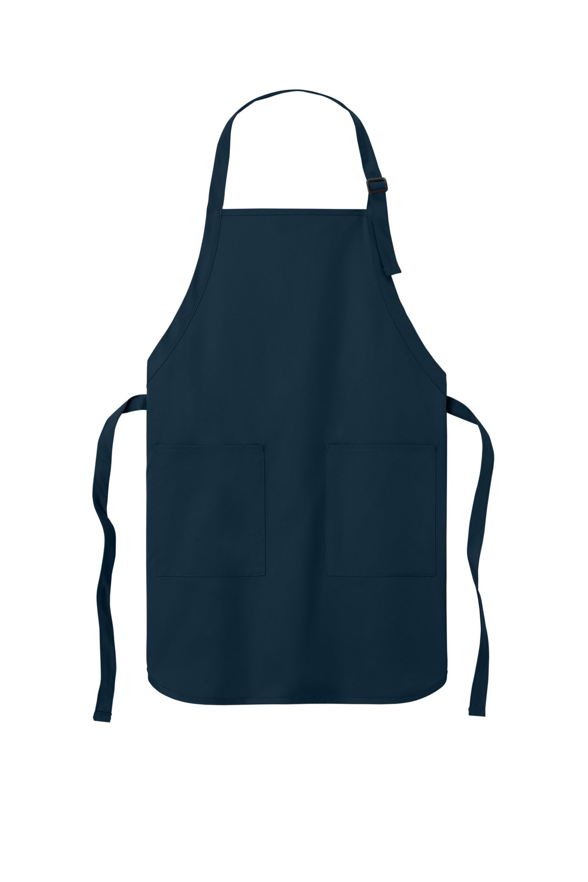 Front View of Navy Port Authority Full-Length Two-Pocket Bib Apron. A600