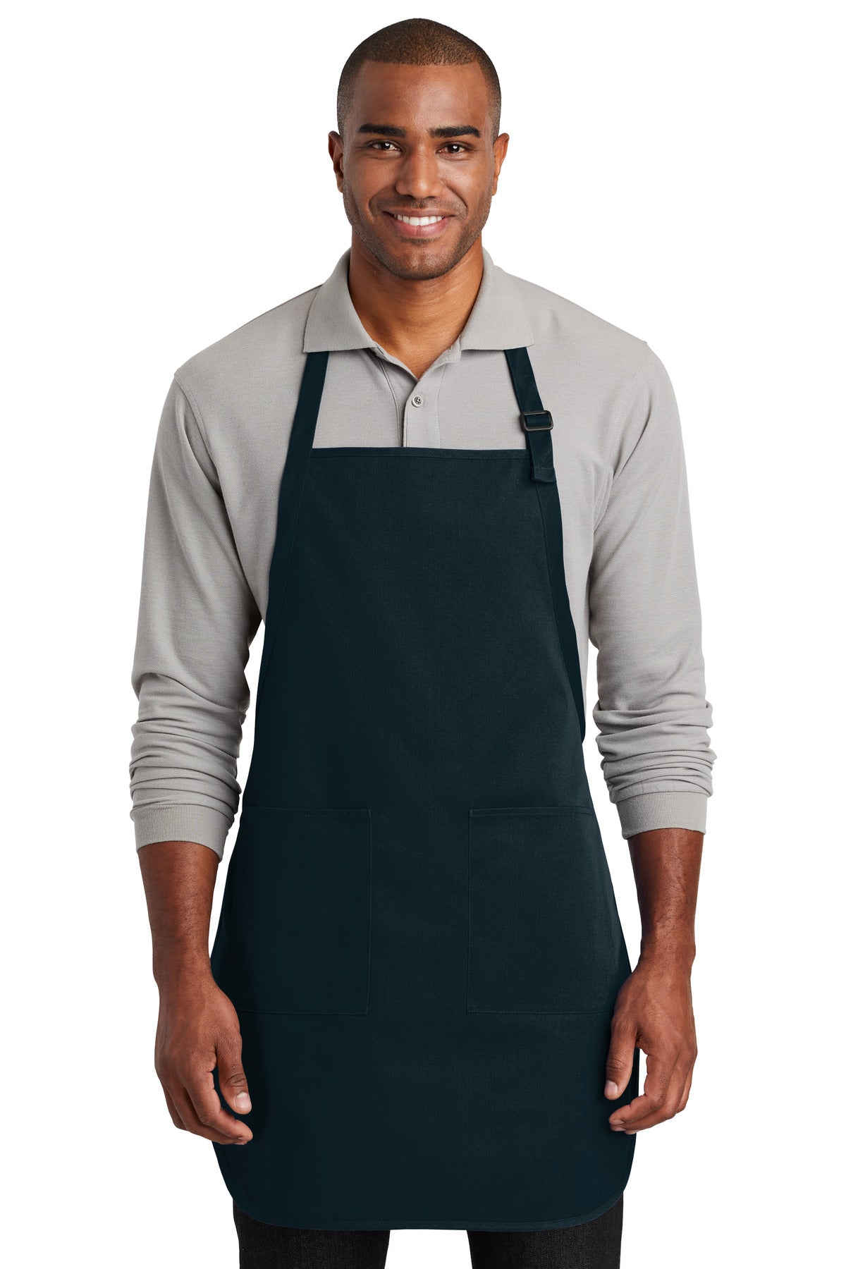 Front View of Navy Port Authority Full-Length Two-Pocket Bib Apron. A600