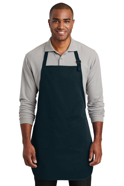 Front View of Navy Port Authority Full-Length Two-Pocket Bib Apron. A600