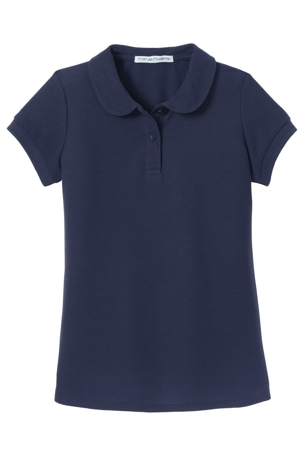Front View of Navy Port Authority Girls Silk Touch Peter Pan Collar Polo. YG503