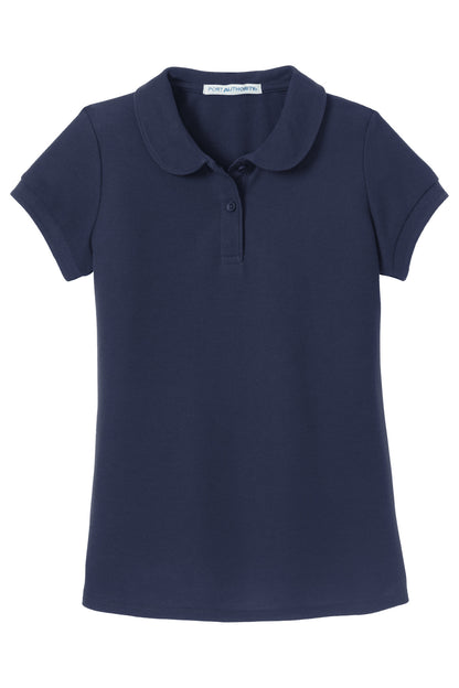 Front View of Navy Port Authority Girls Silk Touch Peter Pan Collar Polo. YG503