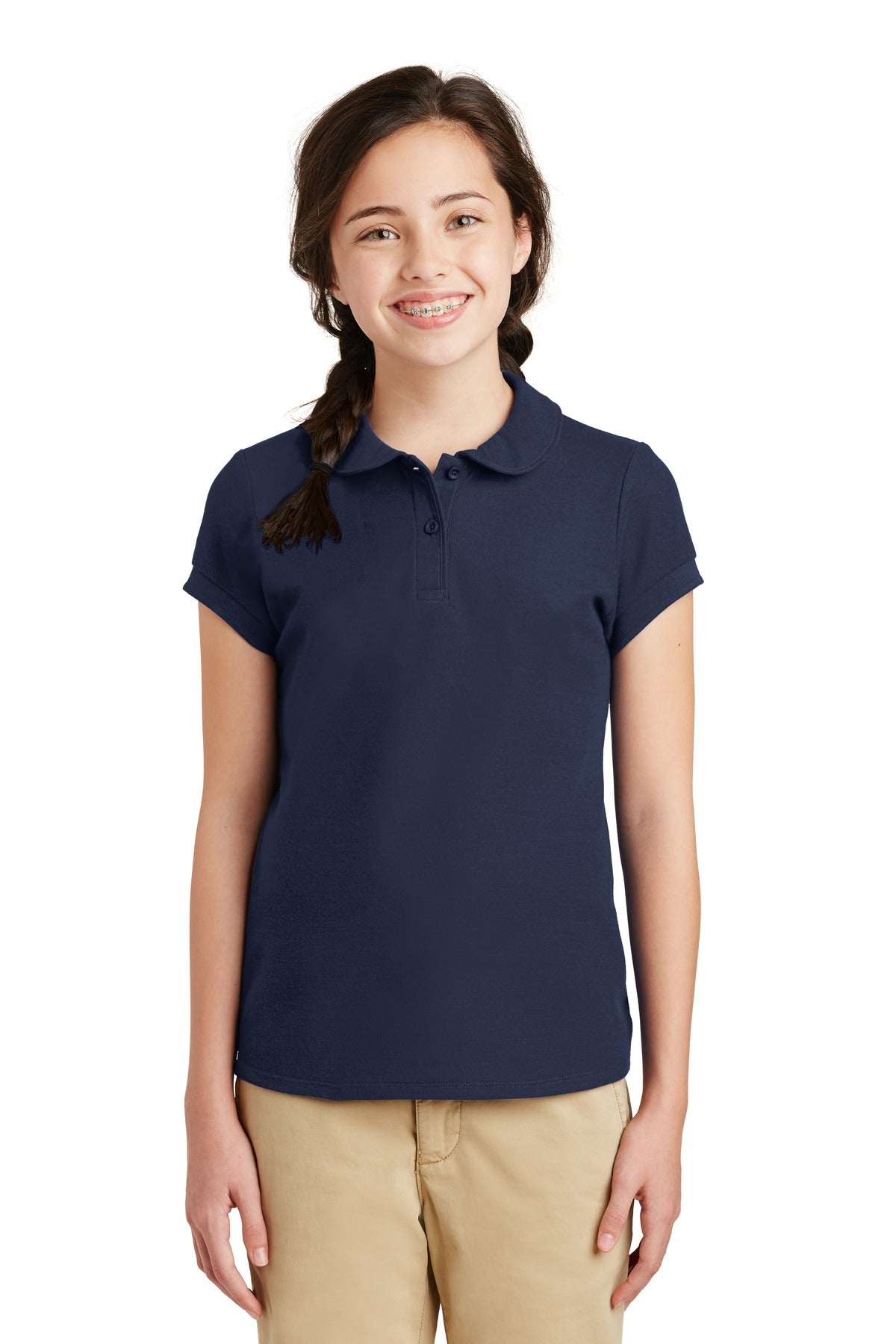 Front View of Navy Port Authority Girls Silk Touch Peter Pan Collar Polo. YG503