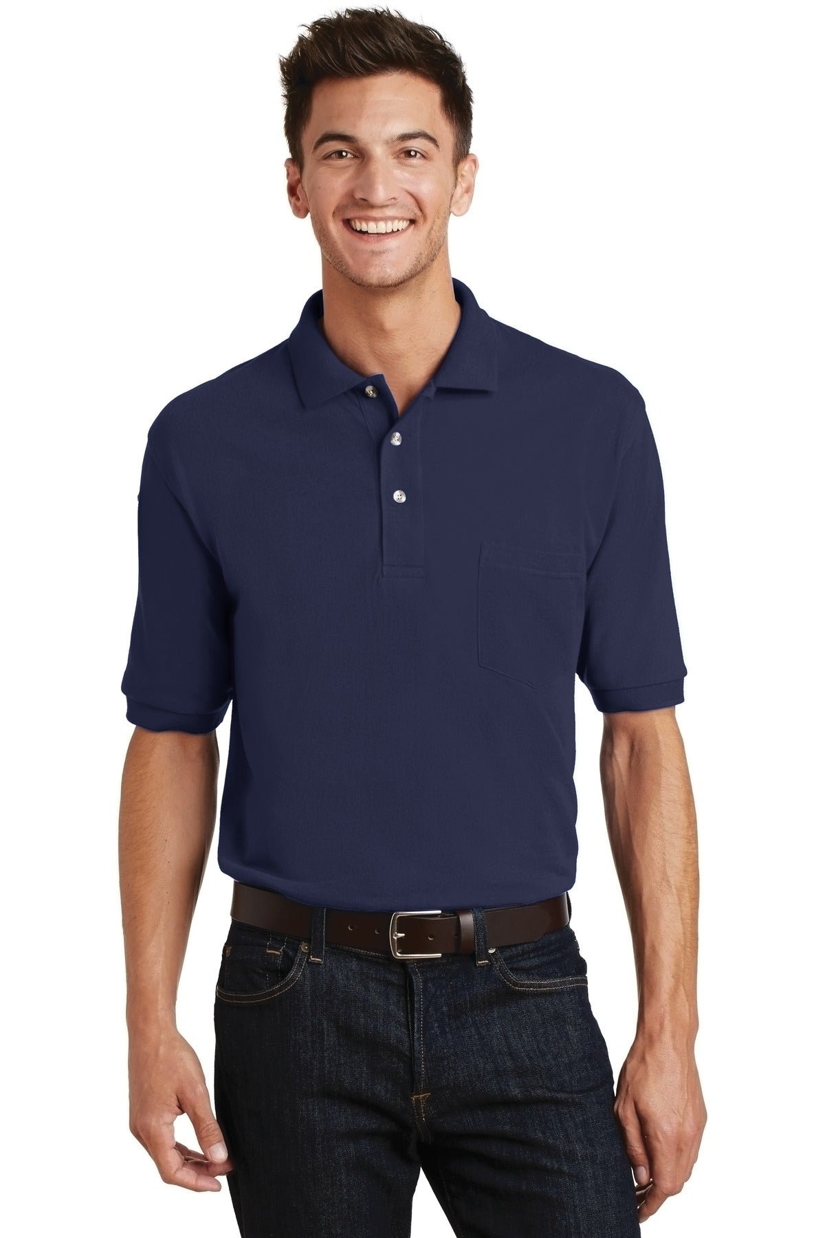 Front View of Navy Port Authority Heavyweight Cotton Pique Polo with Pocket. K420P