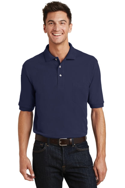 Front View of Navy Port Authority Heavyweight Cotton Pique Polo with Pocket. K420P