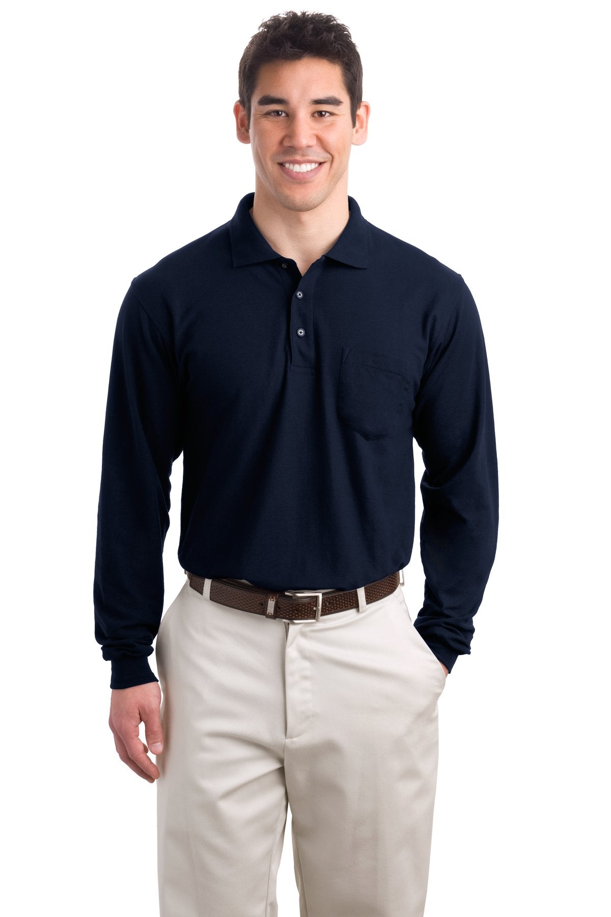 Front View of Navy Port Authority Long Sleeve Silk Touch Polo with Pocket. K500LSP