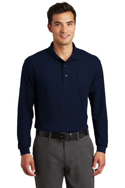 Front View of Navy Port Authority Long Sleeve Silk Touch Polo with Pocket. K500LSP