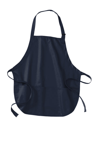 Front View of Navy Port Authority Medium-Length Apron with Pouch Pockets. A510