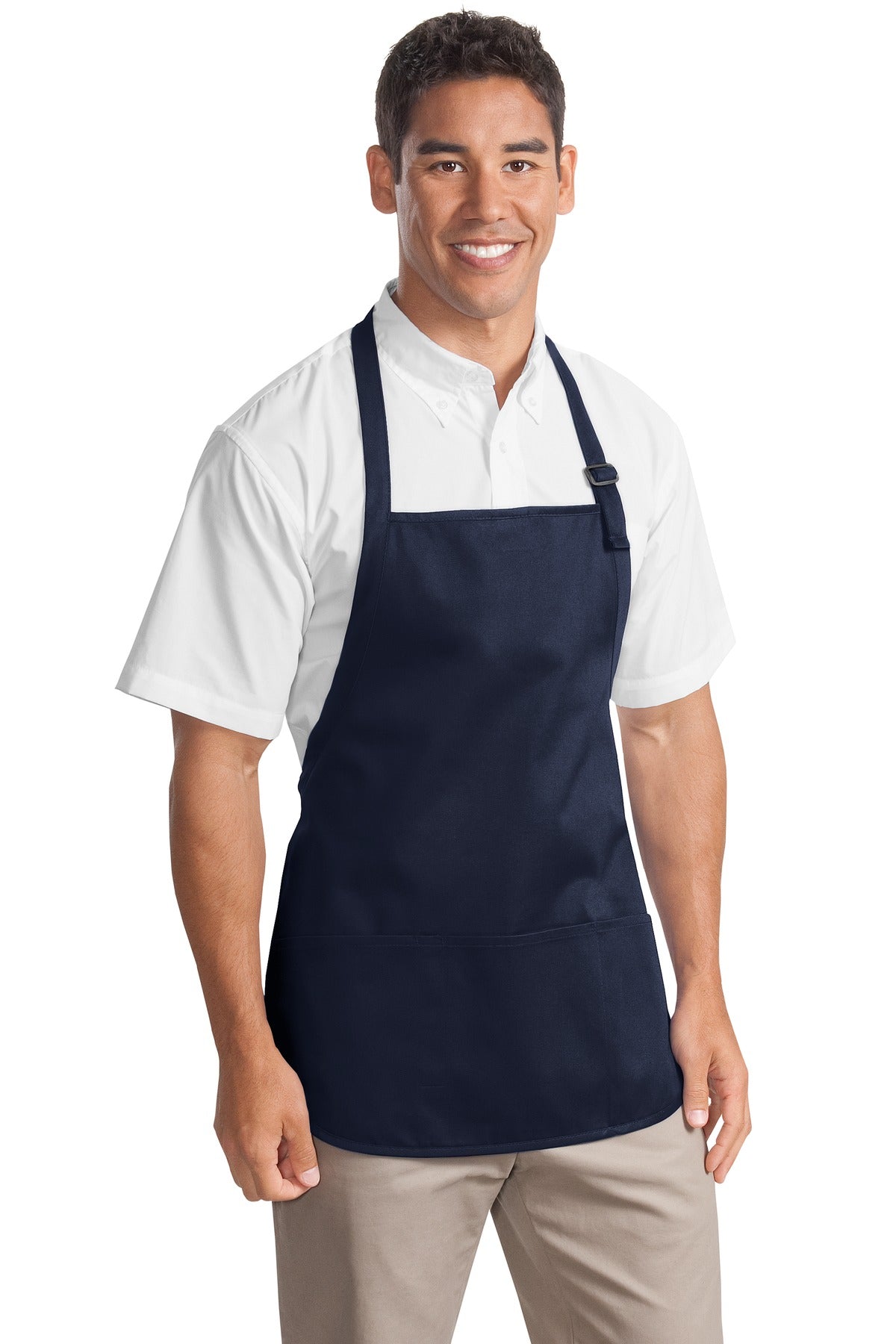 Front View of Navy Port Authority Medium-Length Apron with Pouch Pockets. A510