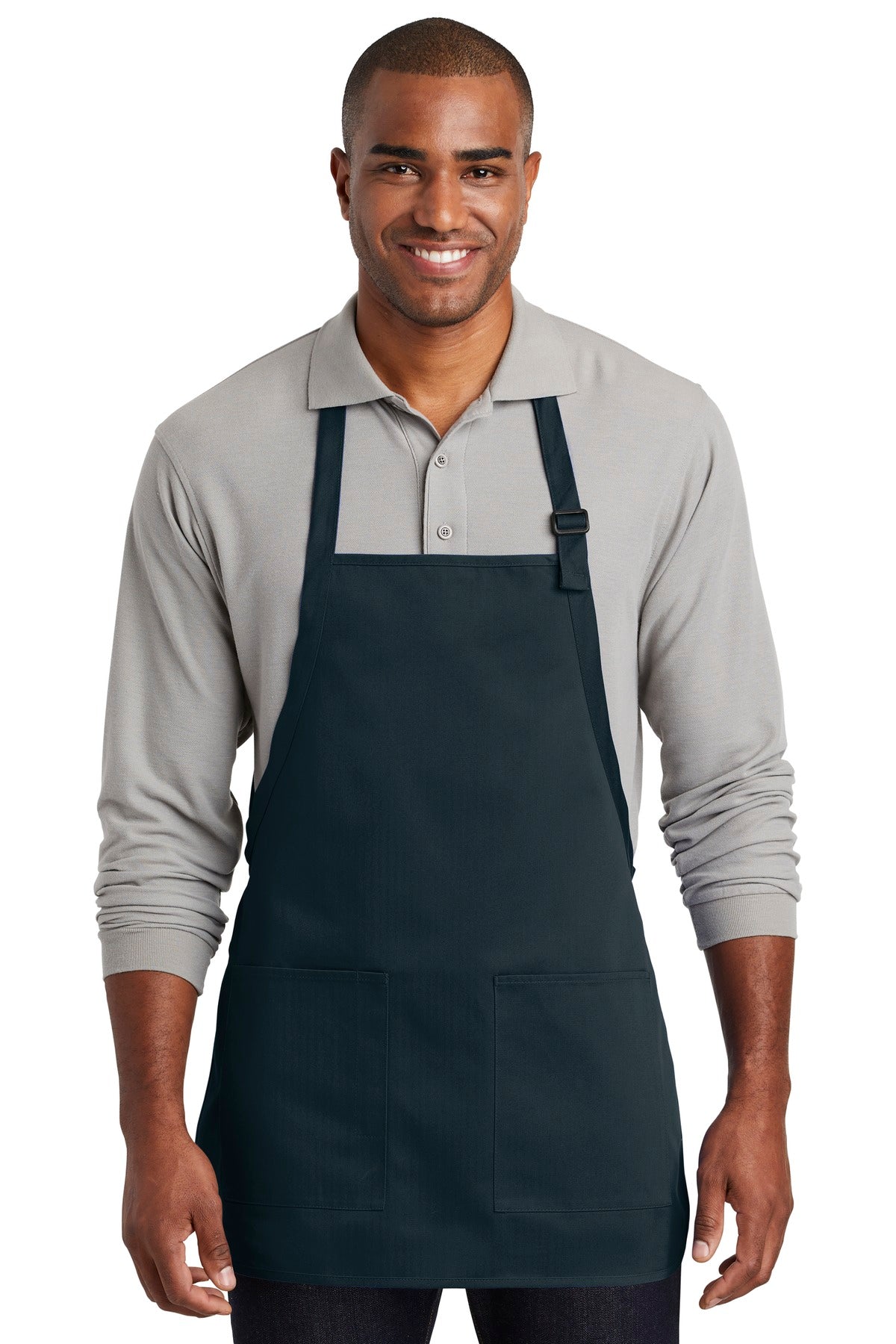 Front View of Navy Port Authority Medium-Length Two-Pocket Bib Apron. A601