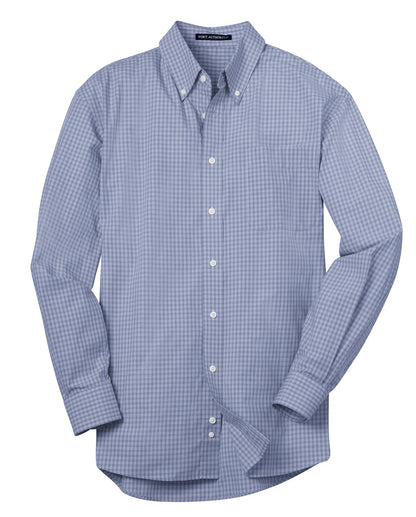 Front View of Navy Port Authority Plaid Pattern Easy Care Shirt. S639
