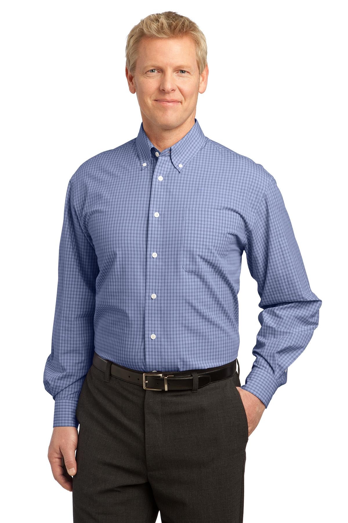 Front View of Navy Port Authority Plaid Pattern Easy Care Shirt. S639