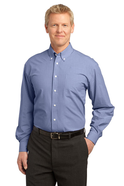 Front View of Navy Port Authority Plaid Pattern Easy Care Shirt. S639