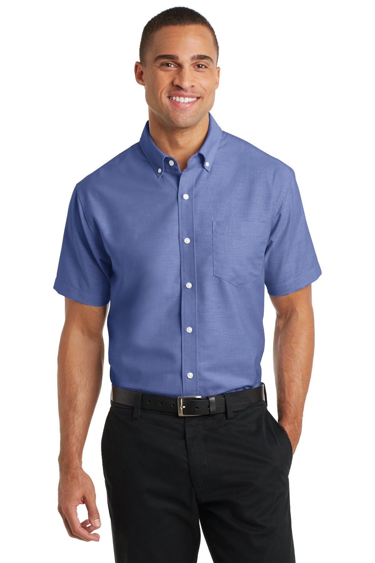 Front View of Navy Port Authority Short Sleeve SuperPro Oxford Shirt. S659