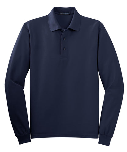 Front View of Navy Port Authority Silk Touch Long Sleeve Polo. K500LS