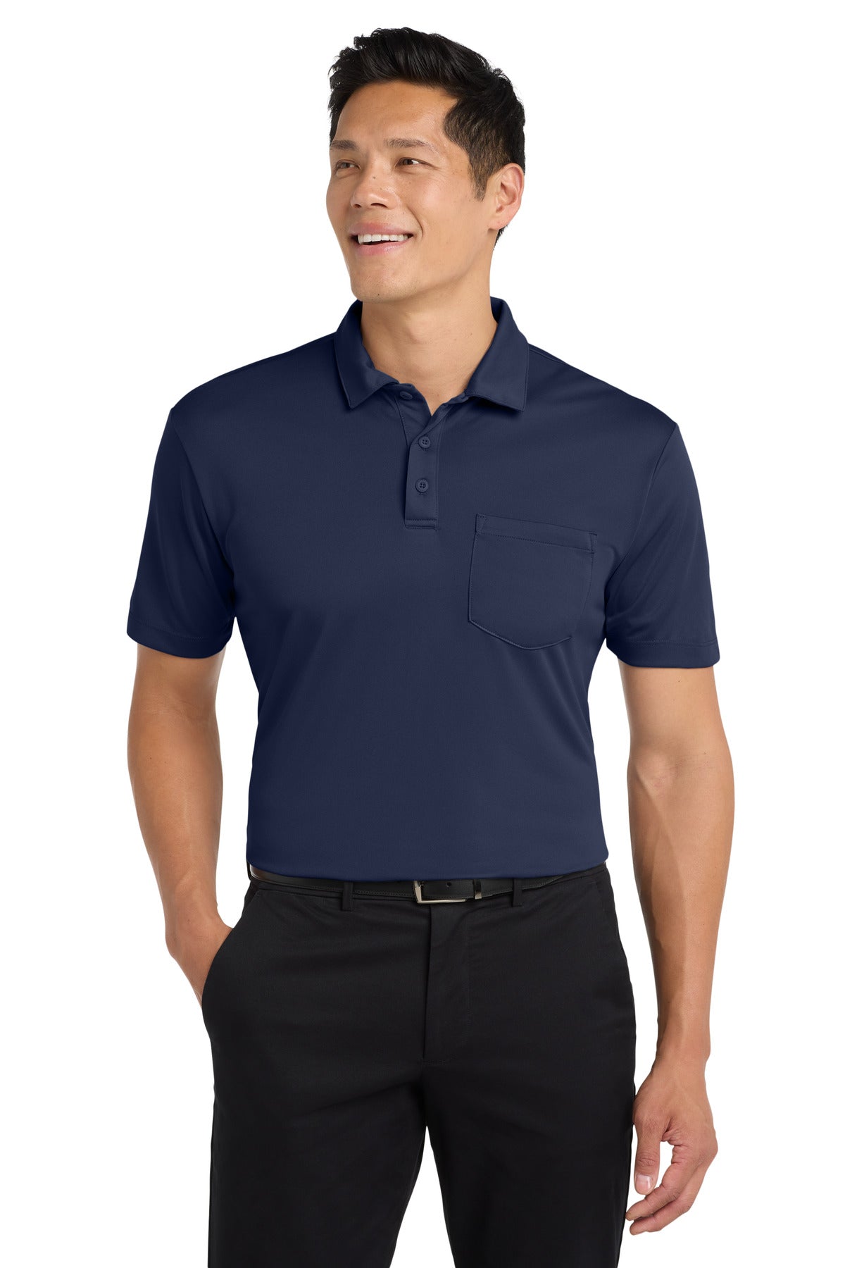 Front View of Navy Port Authority Silk Touch Performance Pocket Polo. K540P