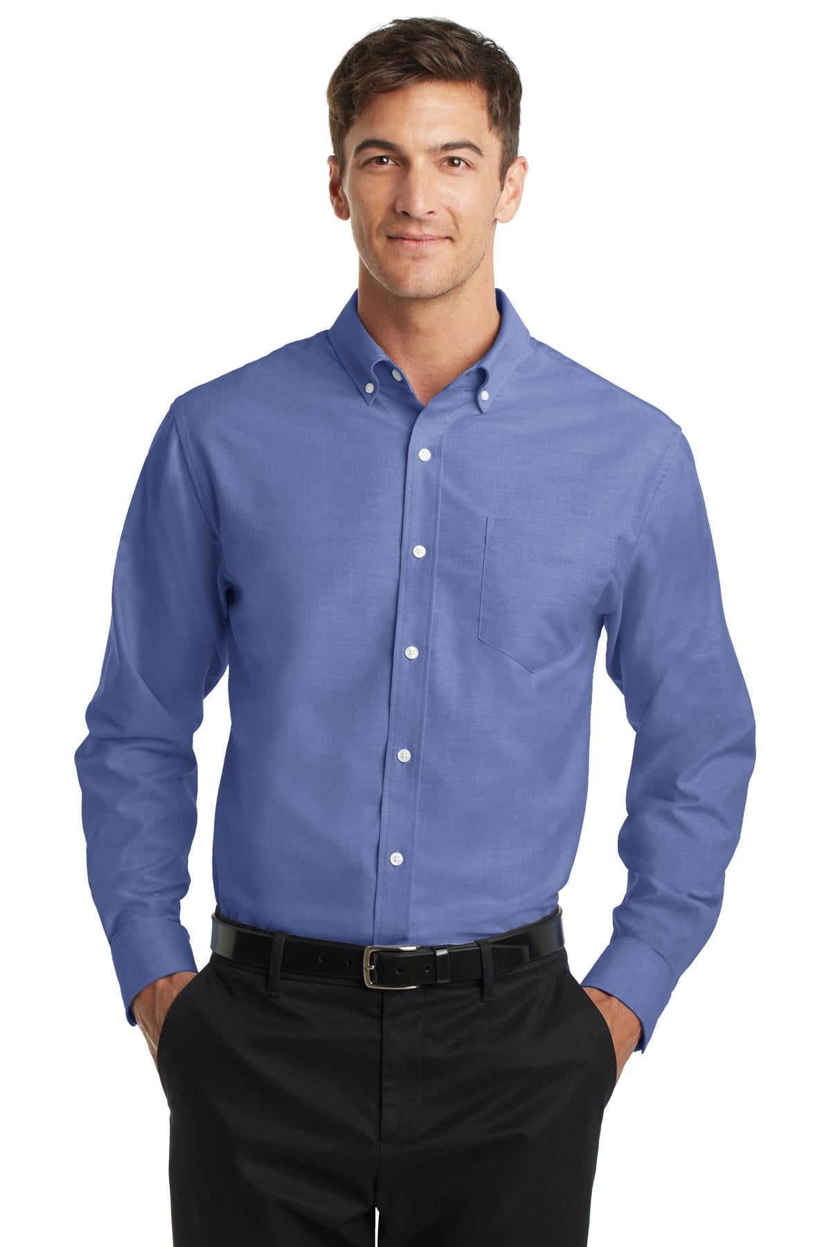 Front View of Navy Port Authority SuperPro Oxford Shirt. S658