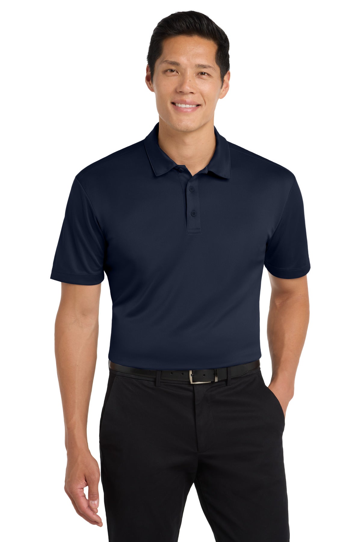 Front View of Navy Port Authority Tall Silk Touch Performance Polo. TLK540