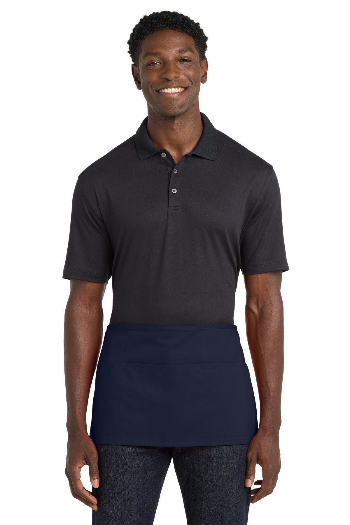 Front View of Navy Port Authority Waist Apron with Pockets. A515