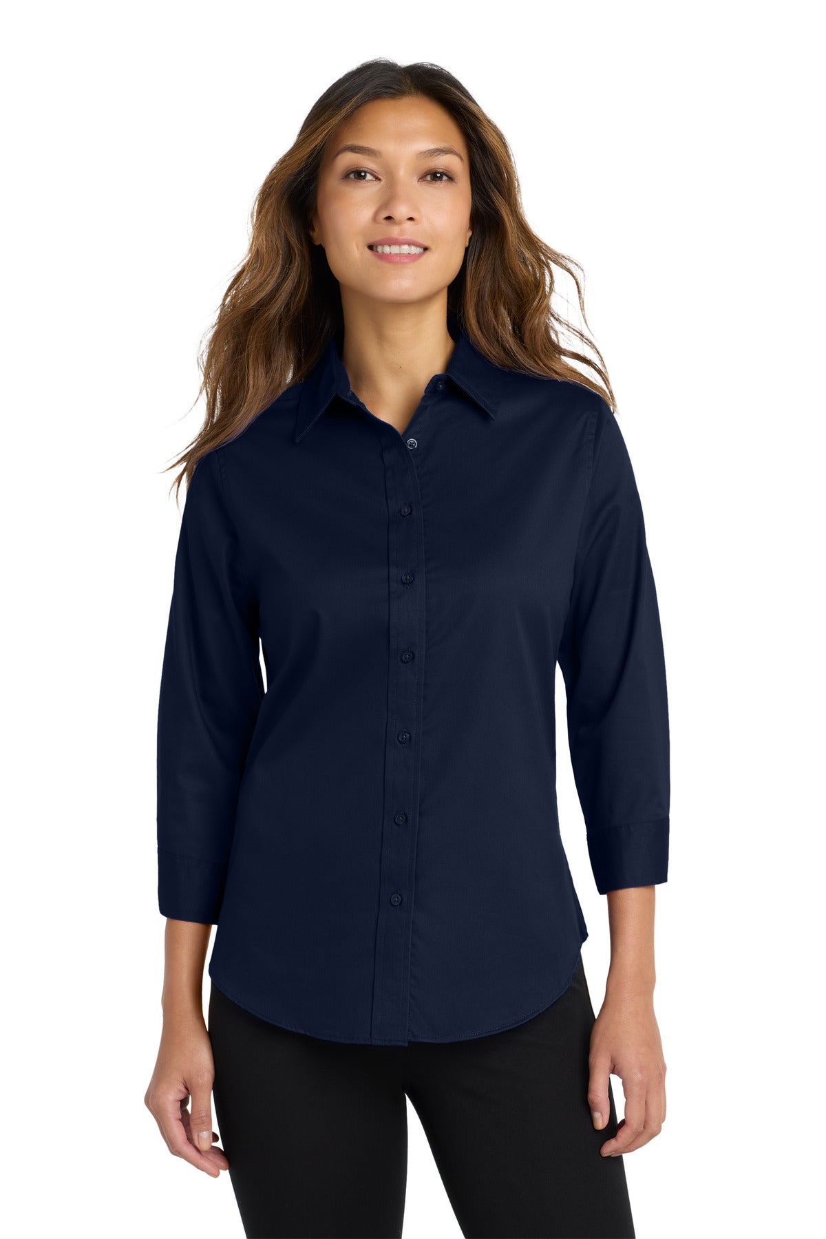 Front View of Navy Port Authority Women's 3/4-Sleeve Easy Care Shirt. L612