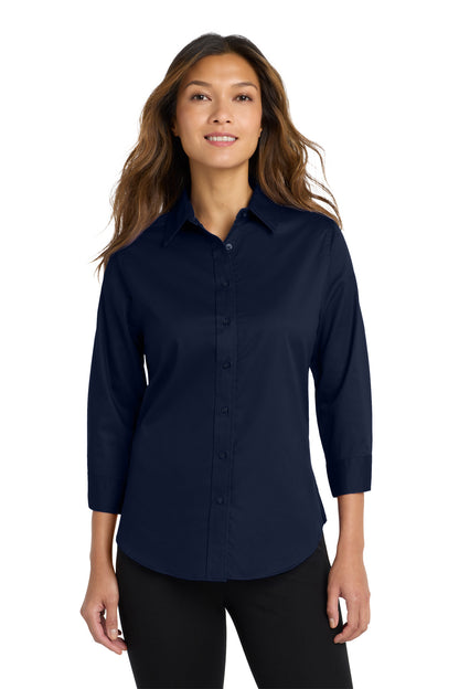 Front View of Navy Port Authority Women's 3/4-Sleeve Easy Care Shirt. L612