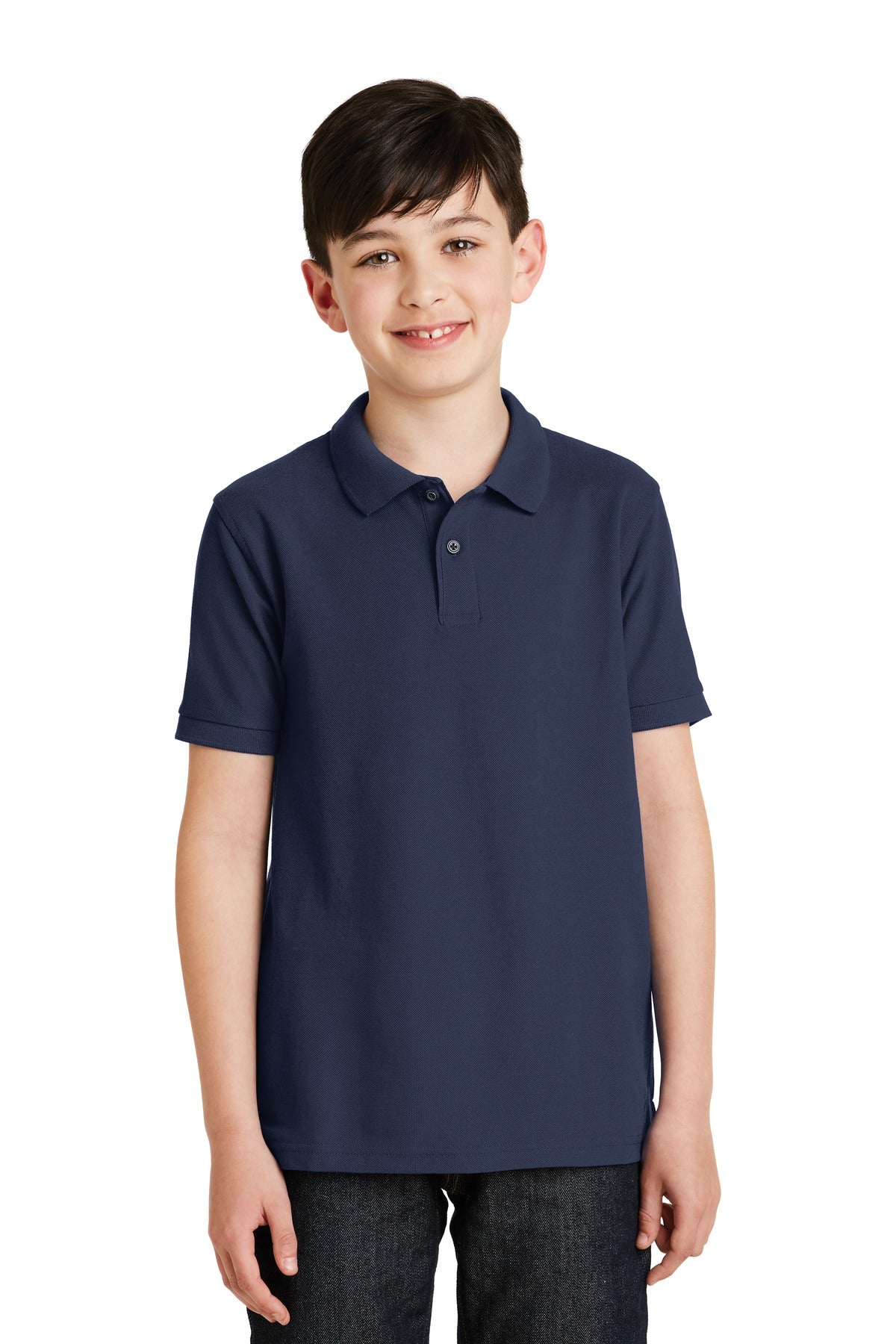 Front View of Navy Port Authority Youth Silk Touch Polo. Y500