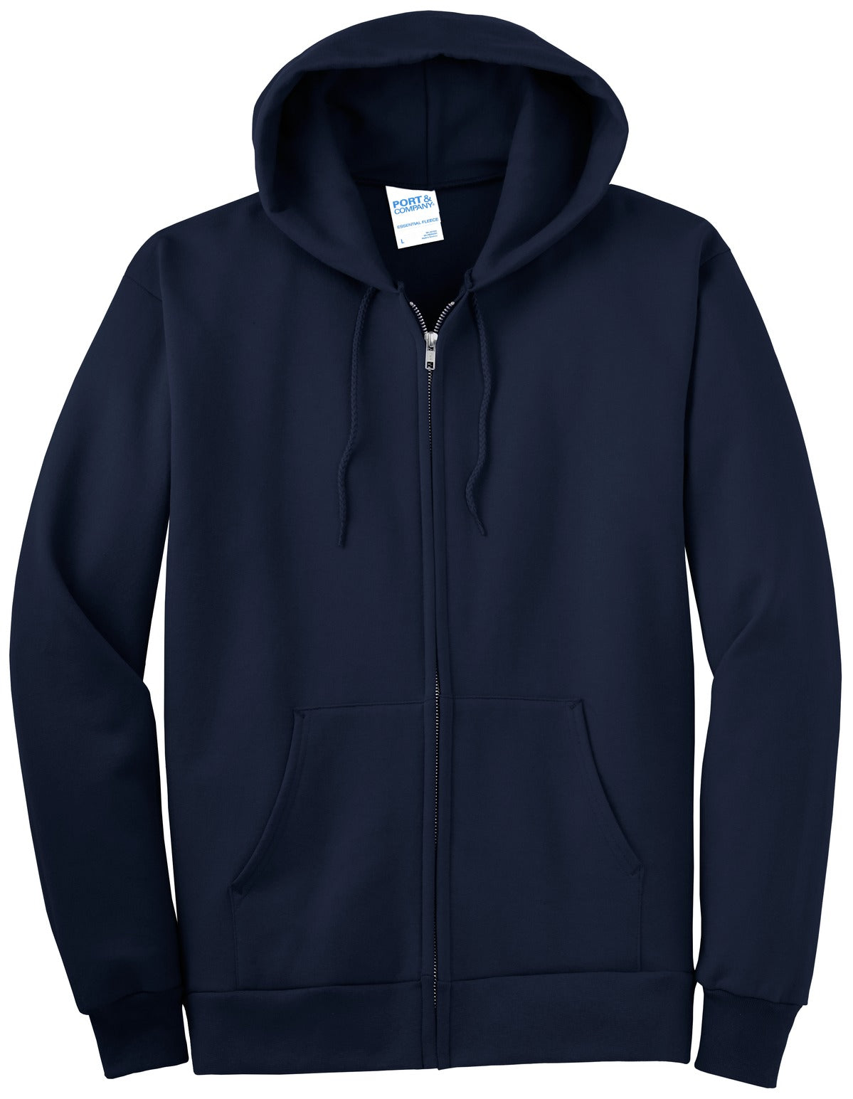 Front View of Navy Port & Company Essential Fleece Full-Zip Hooded Sweatshirt. PC90ZH