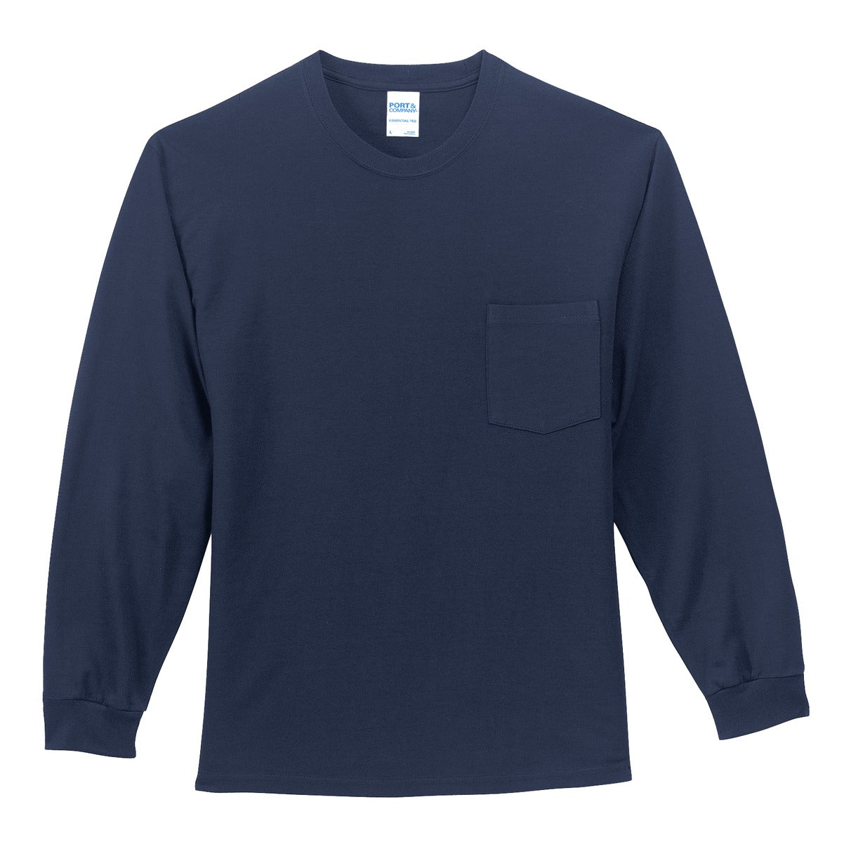 Front View of Navy Port & Company Tall Long Sleeve Essential Pocket Tee. PC61LSPT