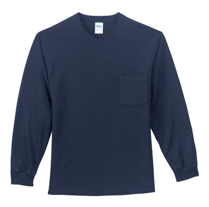 Front View of Navy Port & Company Tall Long Sleeve Essential Pocket Tee. PC61LSPT