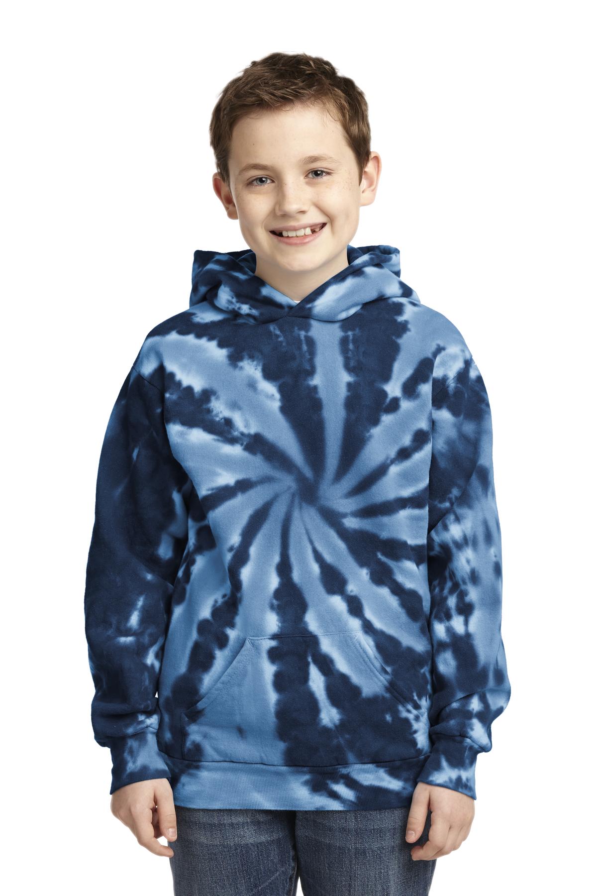 Front View of Navy Port & Company Youth Tie-Dye Pullover Hooded Sweatshirt. PC146Y