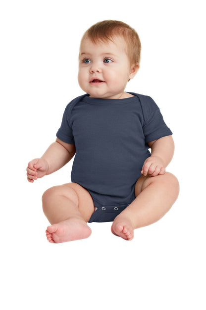 Front View of Navy Rabbit Skins Infant Short Sleeve Baby Rib Bodysuit. RS4400