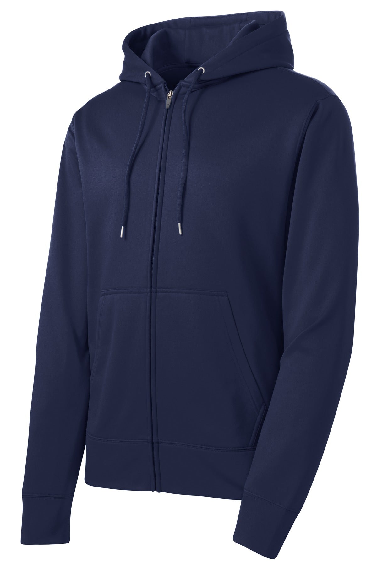 Front View of Navy Sport-Tek Sport-Wick Fleece Full-Zip Hooded Jacket. ST238