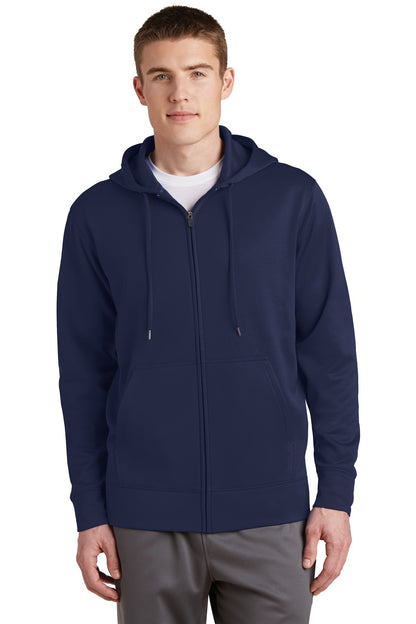 Front View of Navy Sport-Tek Sport-Wick Fleece Full-Zip Hooded Jacket. ST238