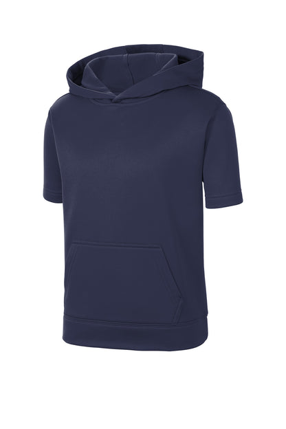 Front View of Navy Sport-Tek Youth Sport-Wick Fleece Short Sleeve Hooded Pullover. YST251