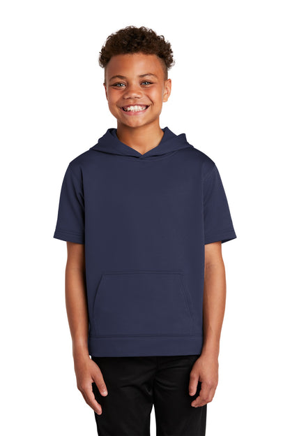 Front View of Navy Sport-Tek Youth Sport-Wick Fleece Short Sleeve Hooded Pullover. YST251