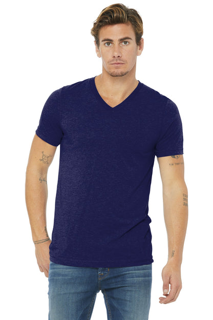 Front View of Navy TB BELLA+CANVAS Unisex Triblend Short Sleeve V-Neck Te. BC3415