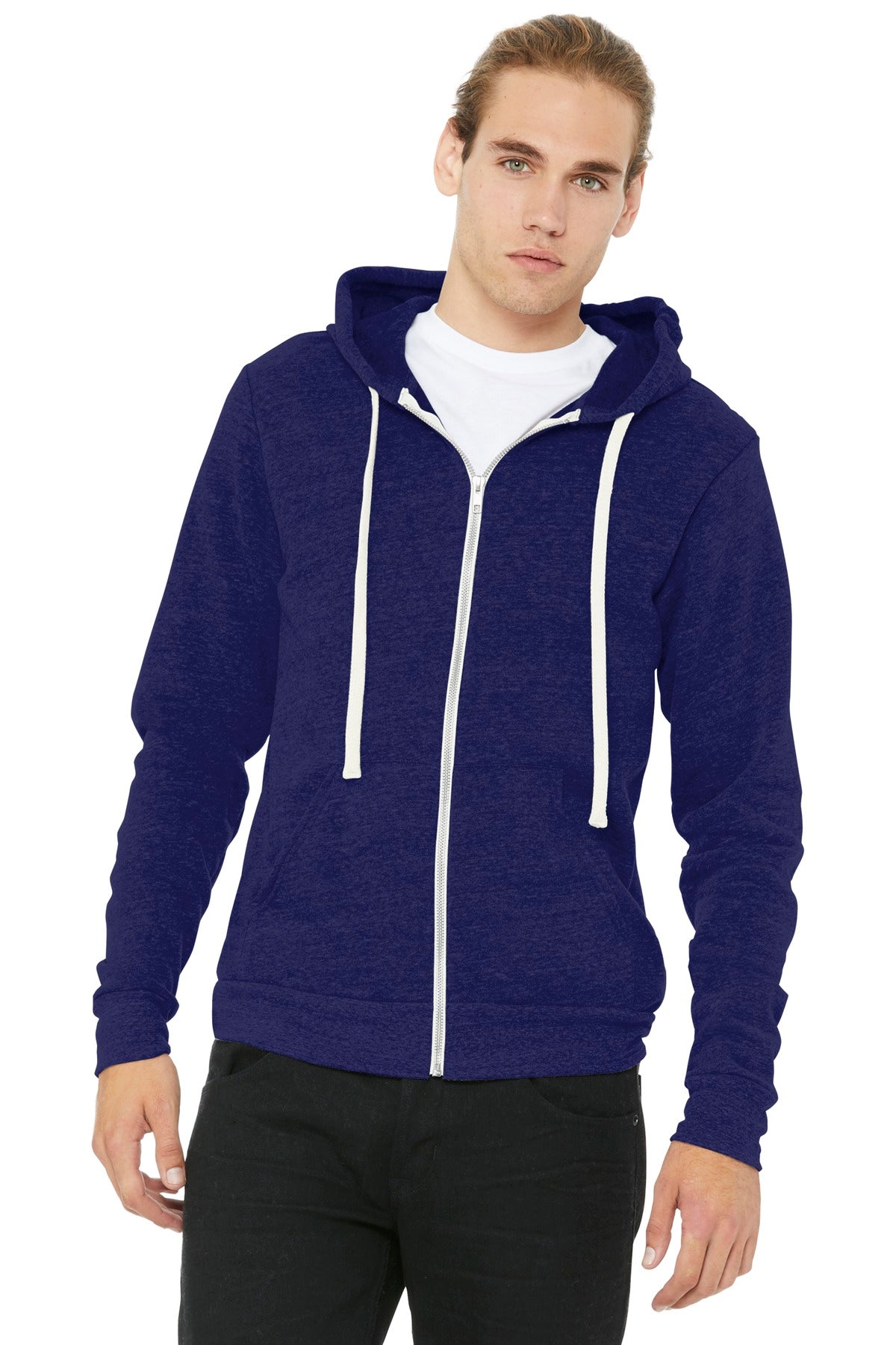Front View of Navy TB BELLA+CANVAS Unisex Triblend Sponge Fleece Full-Zip Hoodie. BC3909