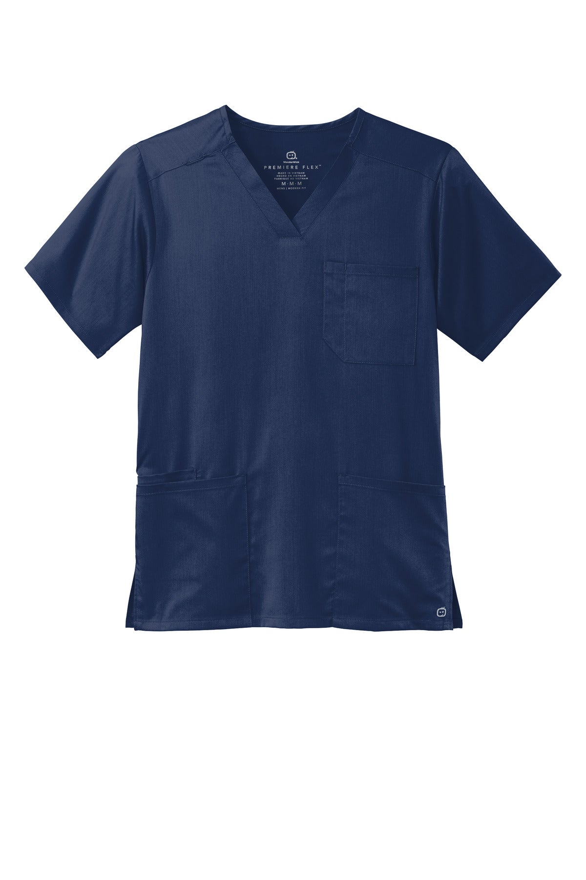 Front View of Navy Wink Men's Premiere Flex V-Neck Top WW5068