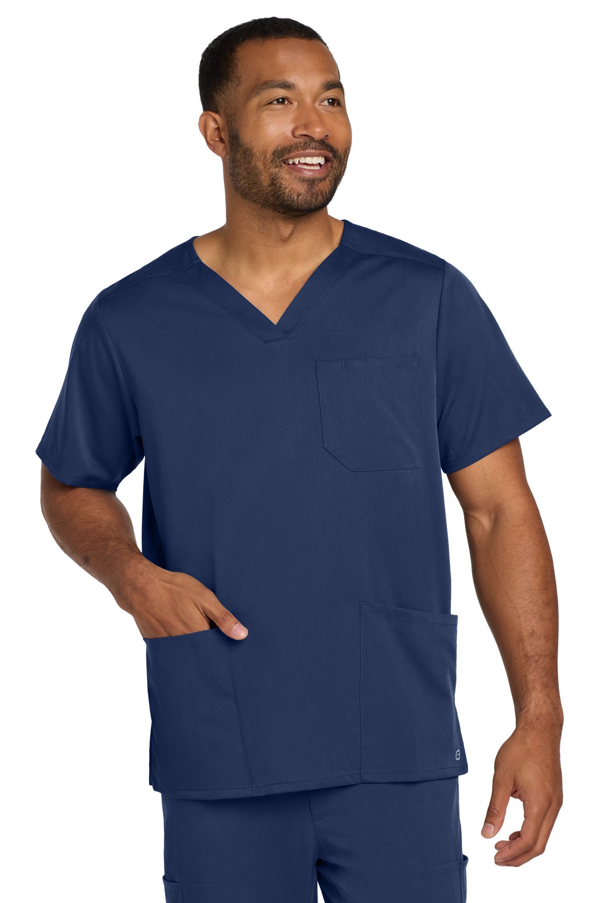 Front View of Navy Wink Men's Premiere Flex V-Neck Top WW5068