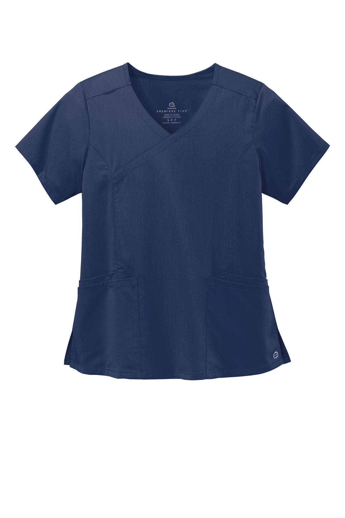 Front View of Navy Wink Women's Premiere Flex Mock Wrap Top WW4268