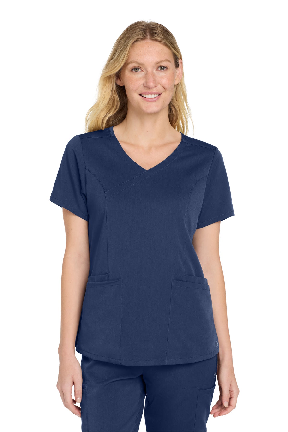 Front View of Navy Wink Women's Premiere Flex Mock Wrap Top WW4268